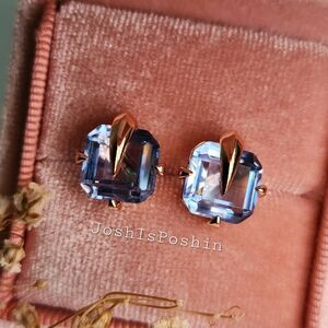 9*9MM Square Blue Topaz stud earrings in rose gold over sterling silver
